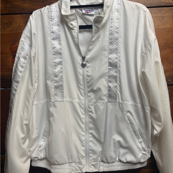 Reebok Jackets & Blazers - Vintage Retro Reebok Ivory Zip-Front Bomber Jacket with Textured Trim